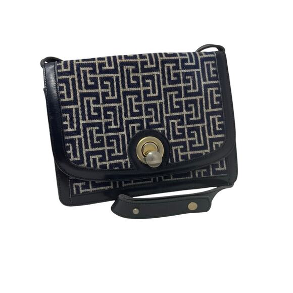 Balmain Vintage Monogram Canvas & Leather Crossbody Bag Navy Gold Hardware - Picture 3 of 14